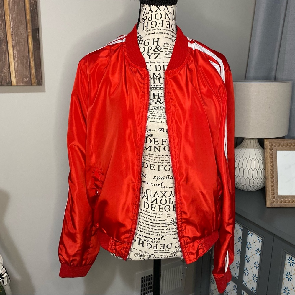 632 New Look Vibrant Red Bomber Jacket Striped Sleeve Sporty Lightweight